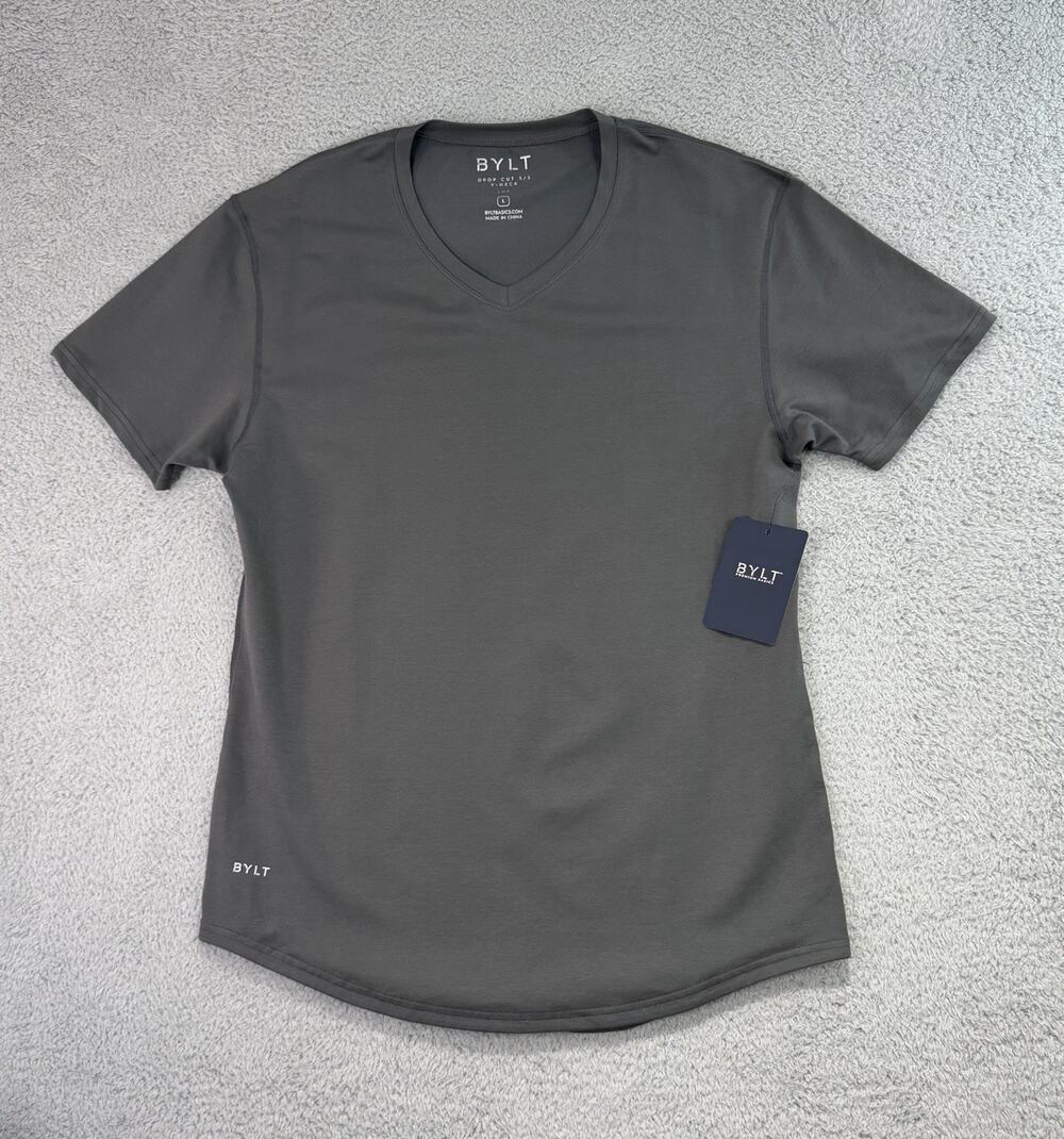 BYLT Drop Cut S/S V-Neck Lux Men Short Sleeve Charcoal Shirt Sz L